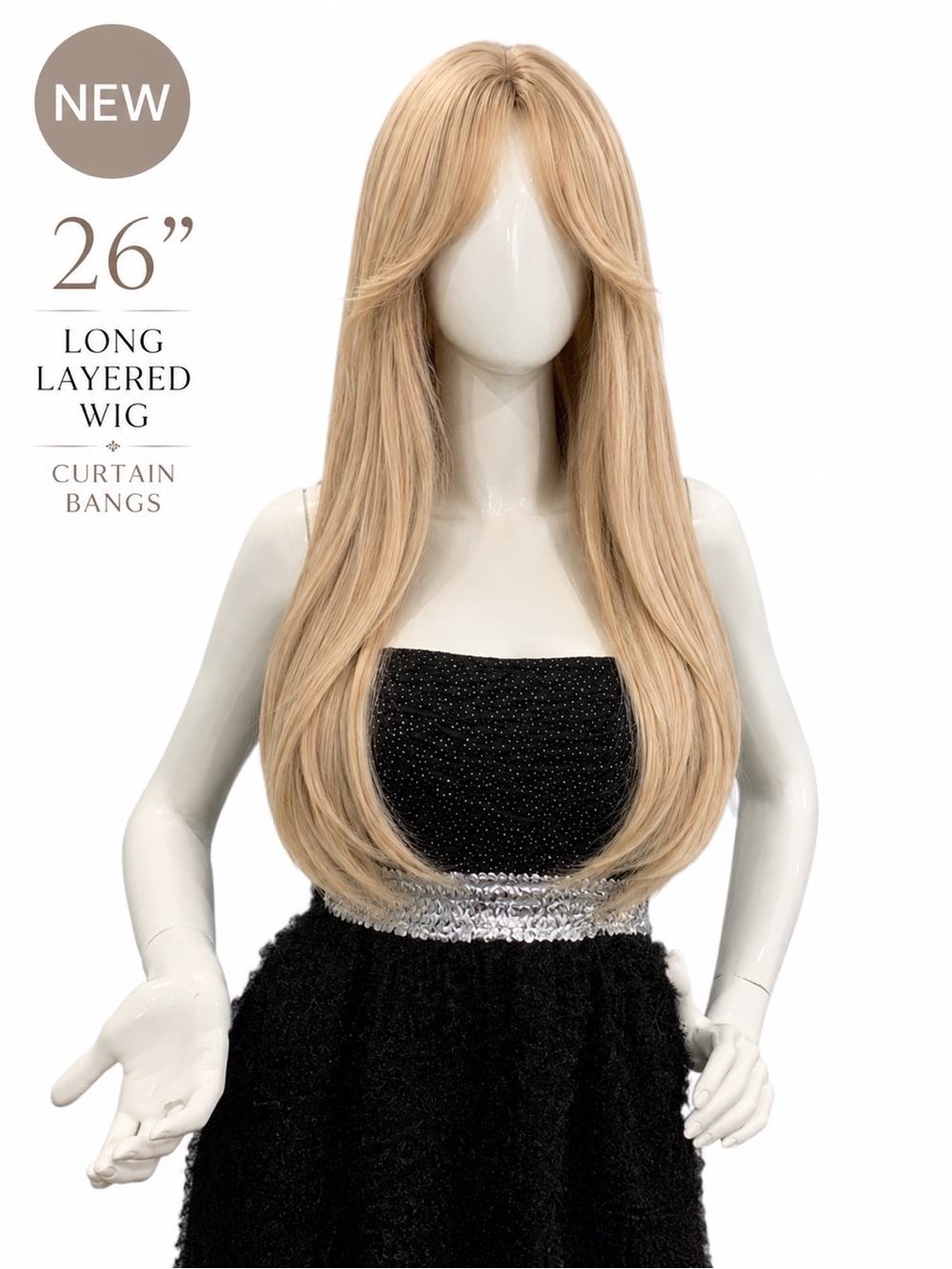 26” Blonde Layered Wig | Curtain Bangs | Middle Part | Champagne Blonde